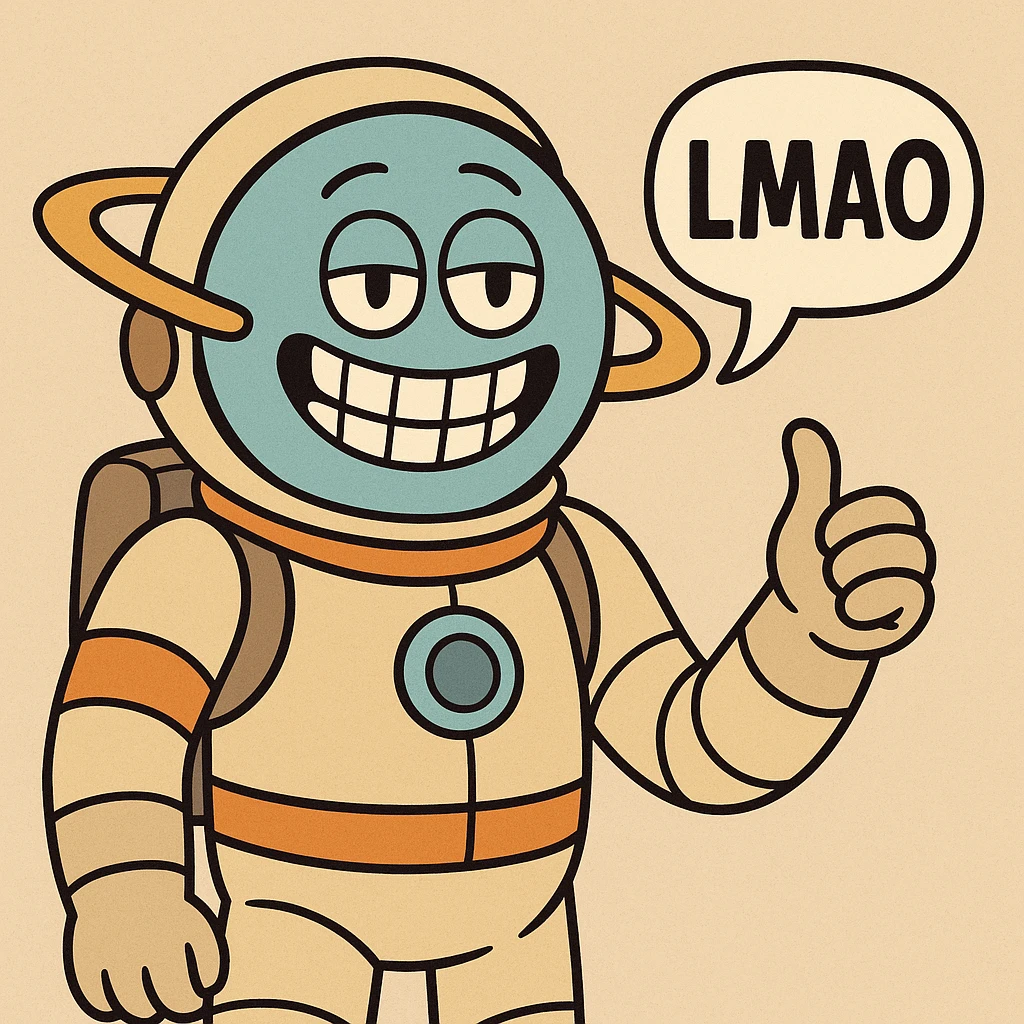 Uranus in a spacesuit, with a big grin and a comic speech bubble saying 'LMAO', cartoon style emoji
