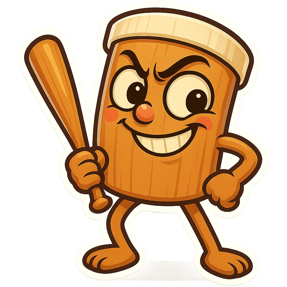chibi emoji of Tun Tun Suhoor, wooden stick body with smooth brown texture, drum-like cylindrical body, holding baseball bat, cartoon style, bright vivid colors, expressive face, dynamic pose, a bit creepy yet funny,  emoji