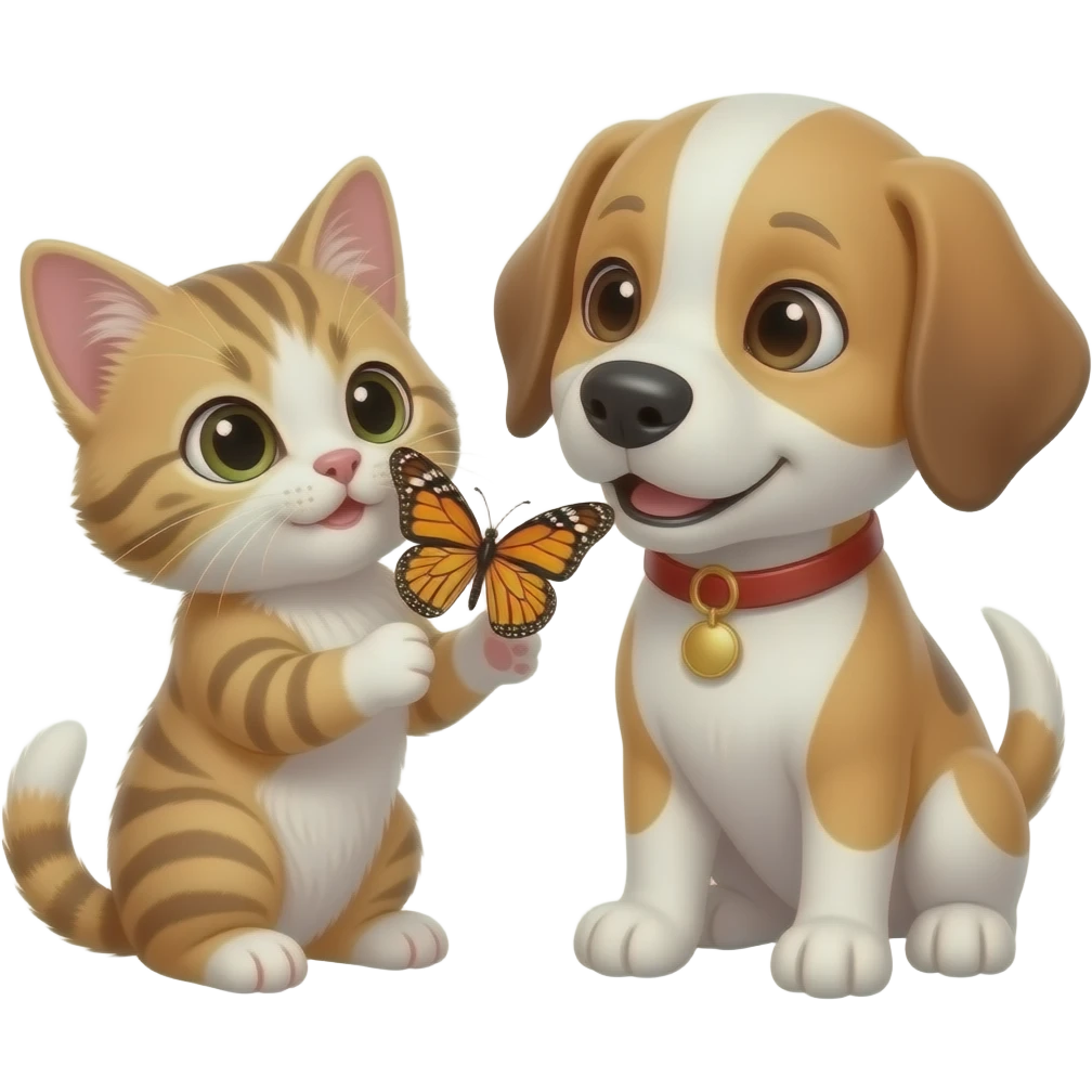 kitten and puppy playing with butterfly emoji