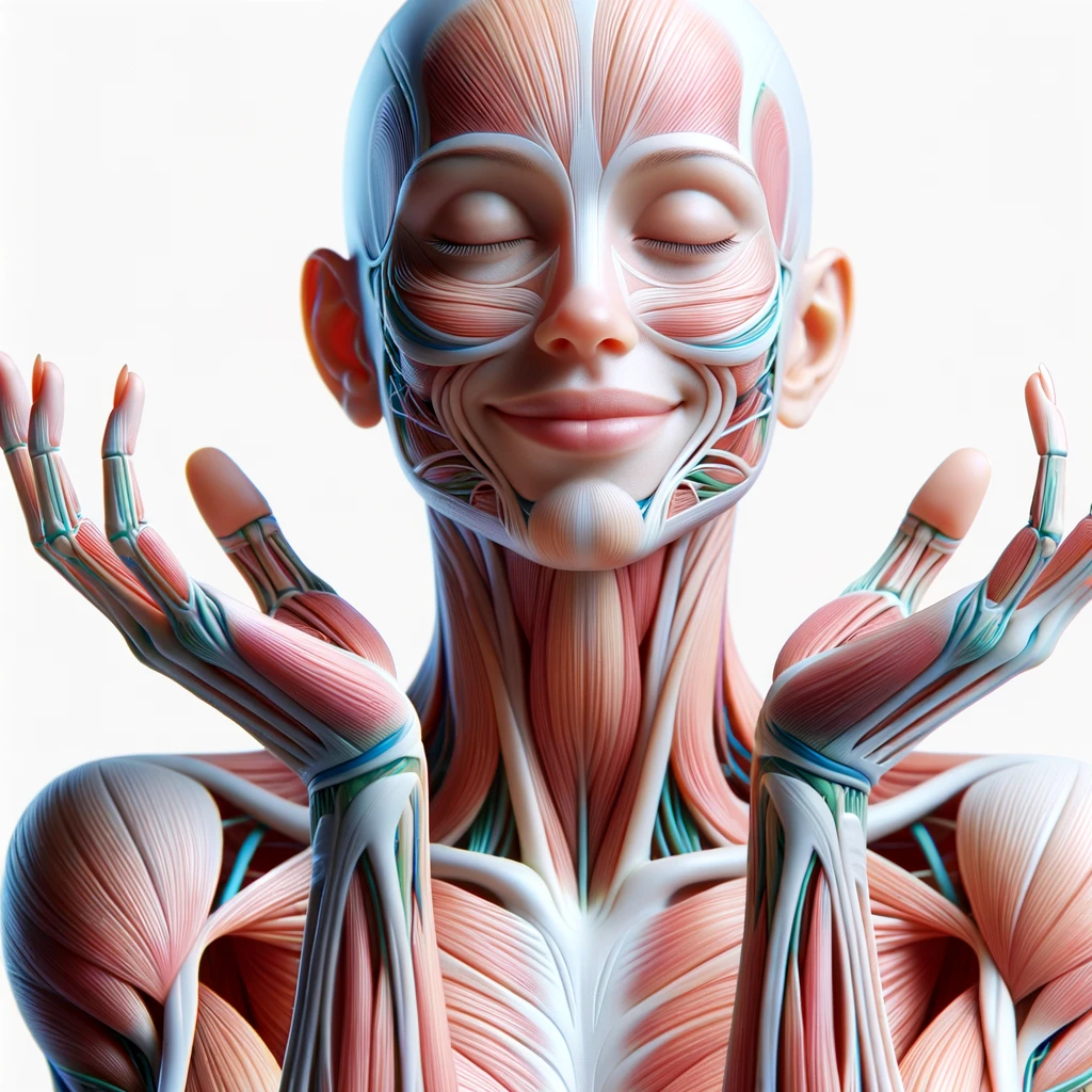 corpo umano anatomico sereno e felice con una buona opportunità per le mani, iperrealistica 4k, isolato su sfondo bianco emoji