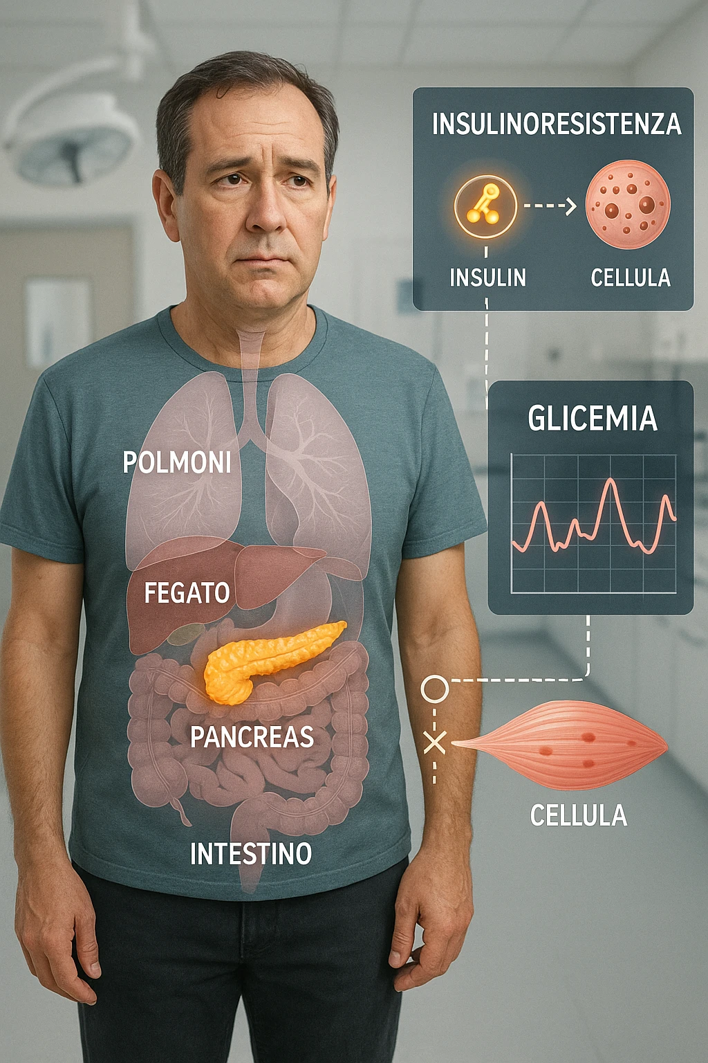a middle-aged man stands in a clinical setting, with a semi-transparent overlay showing his internal organs. His pancreas is highlighted, and glowing lines or icons indicate disrupted insulin signaling between the pancreas and muscle or fat cells. The man’s expression is slightly concerned, and a digital chart beside him displays fluctuating blood sugar levels. The lighting is realistic, with a clean, modern medical background. scritte in italiano emoji