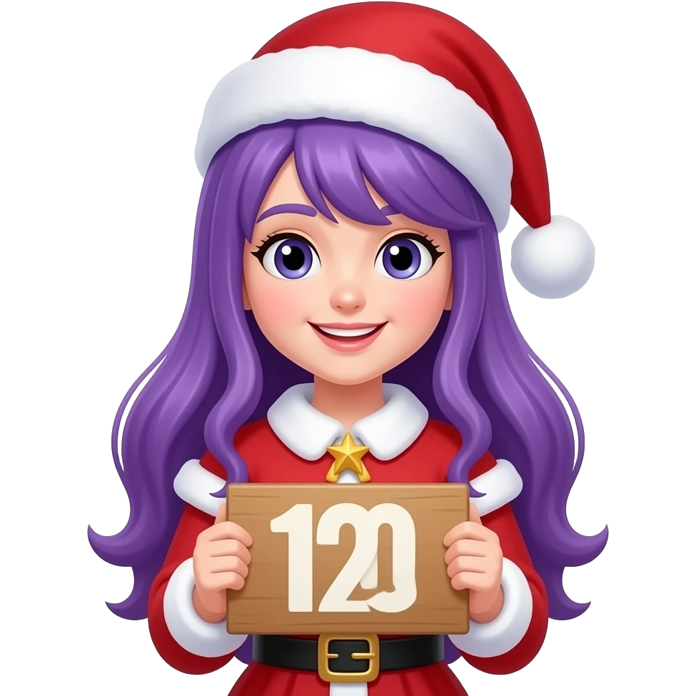 girl with long purple hair wearing a christmas costume holding a sign emoji