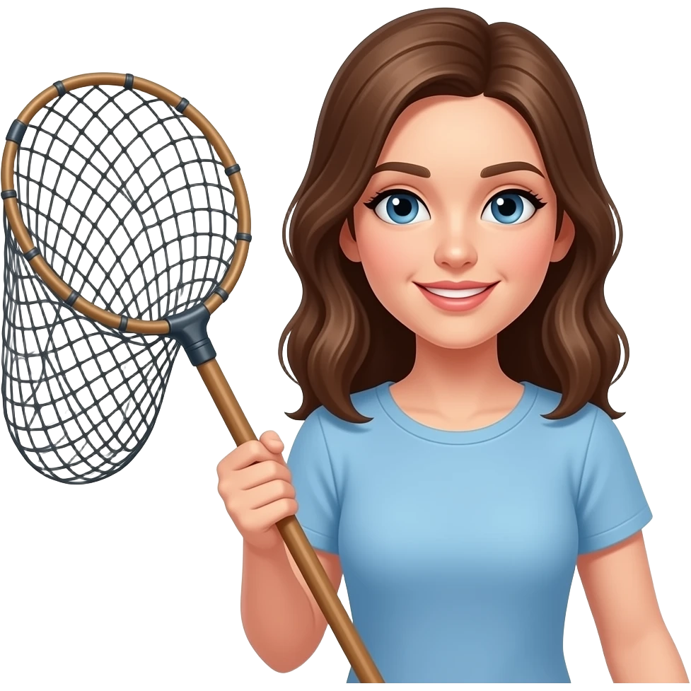 young lady with holding fisher net half body close up emoji