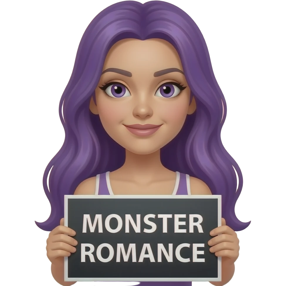 sexy girl with long purple hair holding a MONSTER ROMANCE sign emoji