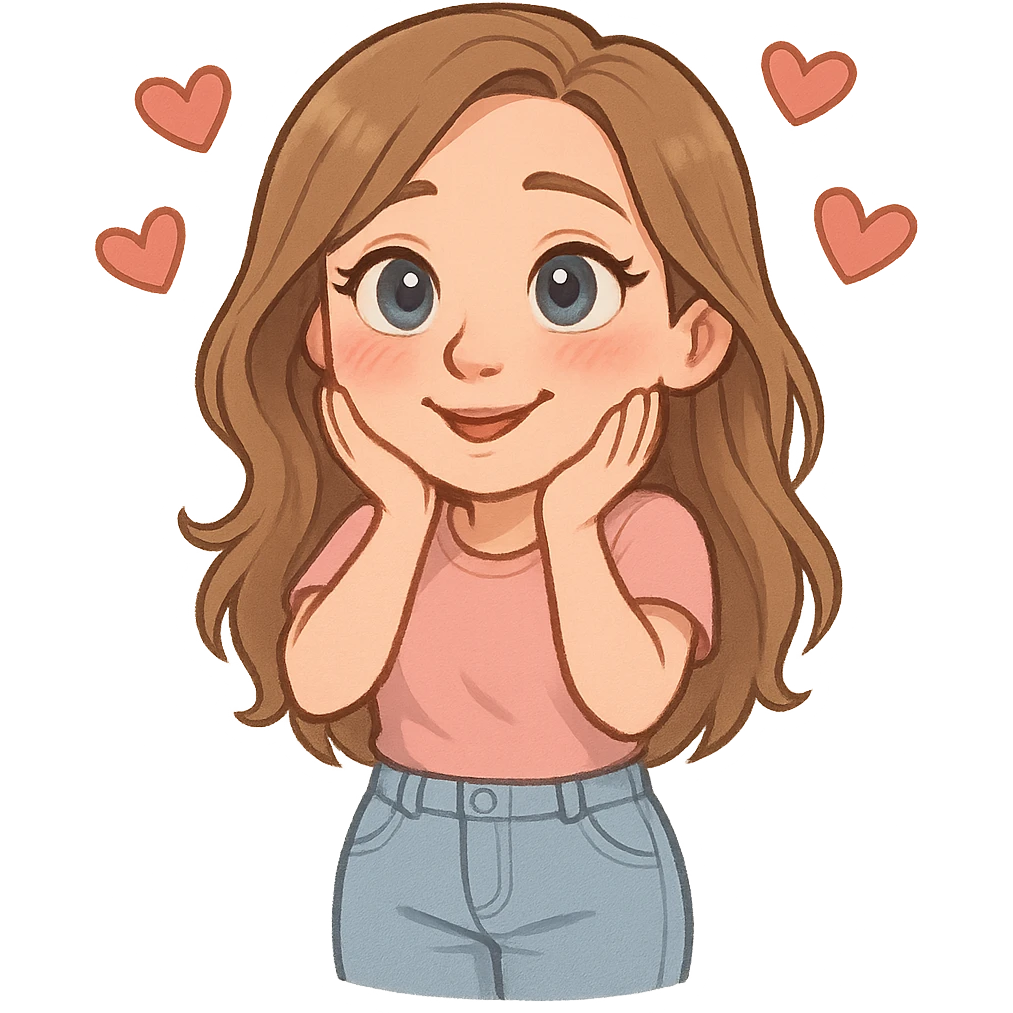 3D cartoon sticker of a 30-year-old woman with long light brown hair below shoulder blades, fair skin, large expressive blue eyes, slight bump on nose, wearing a pastel pink t-shirt and light blue mom jeans, in love expression with hearts around head, DreamWorks style, soft light, white sticker outline emoji
