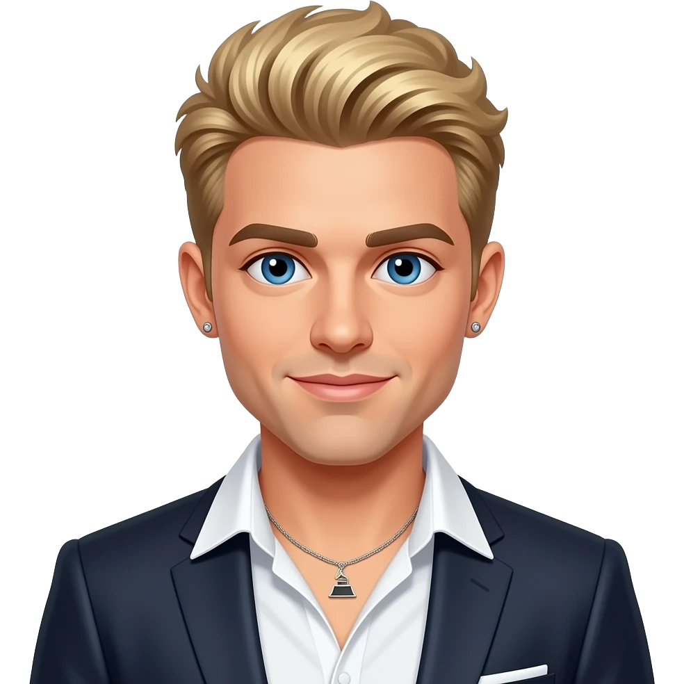 Nick Carter from Backstreet Boys with blue eyes, blonde hair, white grammy shirt and suit jacket, necklace and earrings emoji