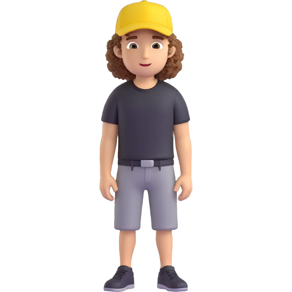 create a character, cute guy, curly, in a black t-shirt and a yellow cap, in 3d emoji