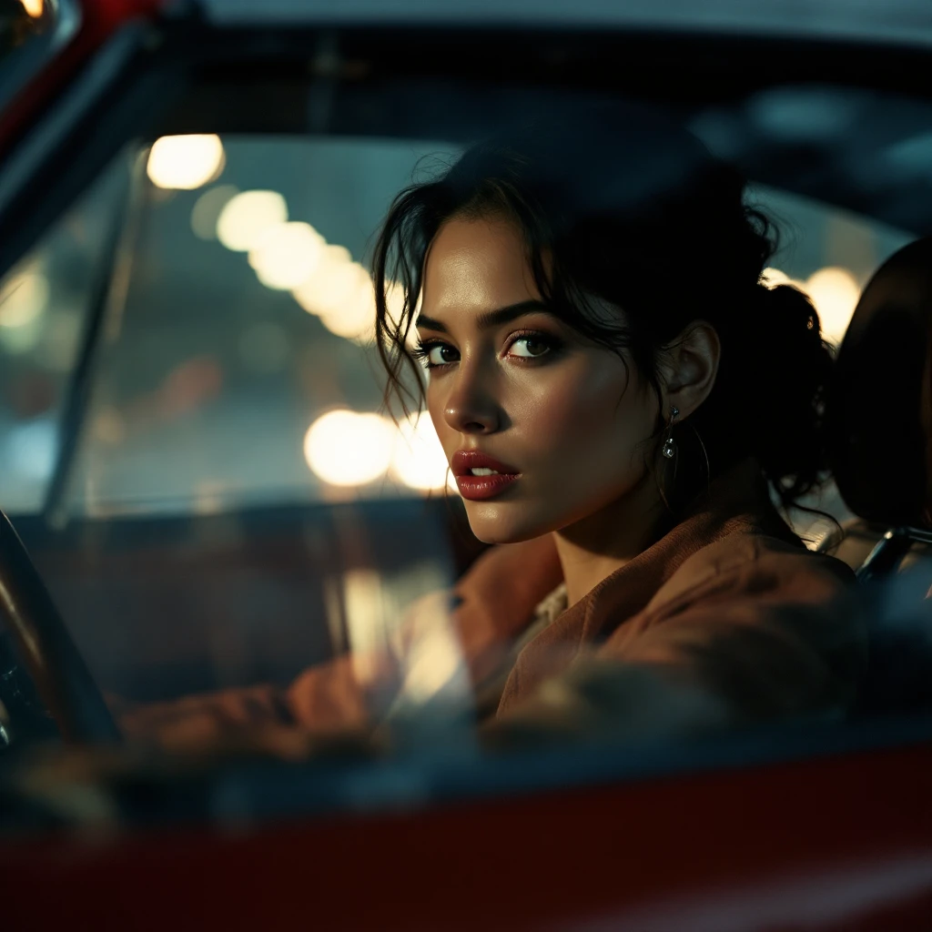 Cinematic still of a woman in porsche 911 emoji