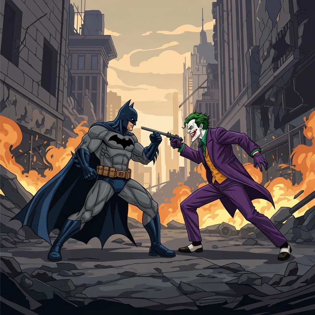 vector art of batman and joker, battleground background 
 emoji