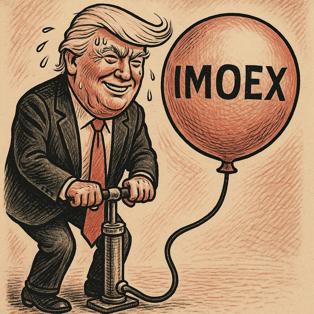 Дональд Трамп в стиле пропагандисткой карикатуры улыбается в поте лица качает через насос, который подключен к шарику, который символизирует фондовый рынок и на нём написано IMOEX emoji