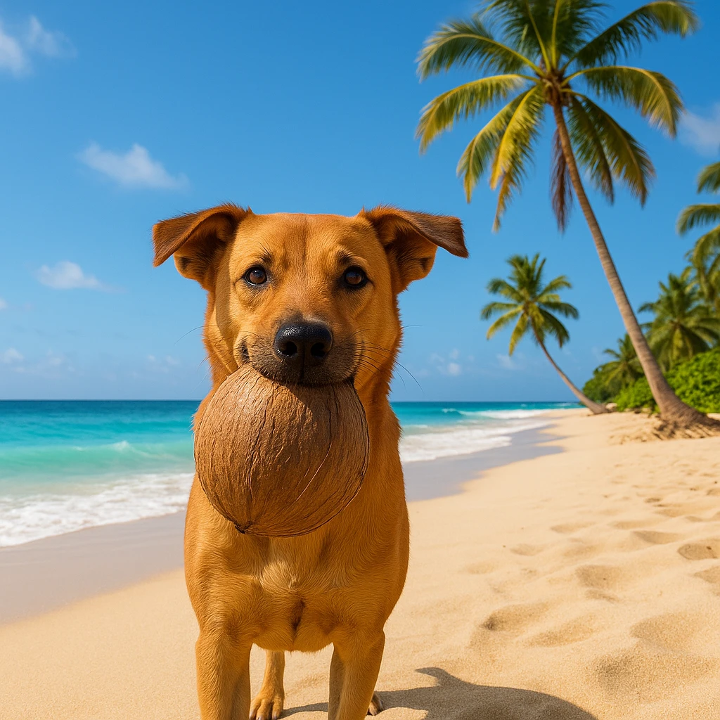A dog holding a coconut emoji