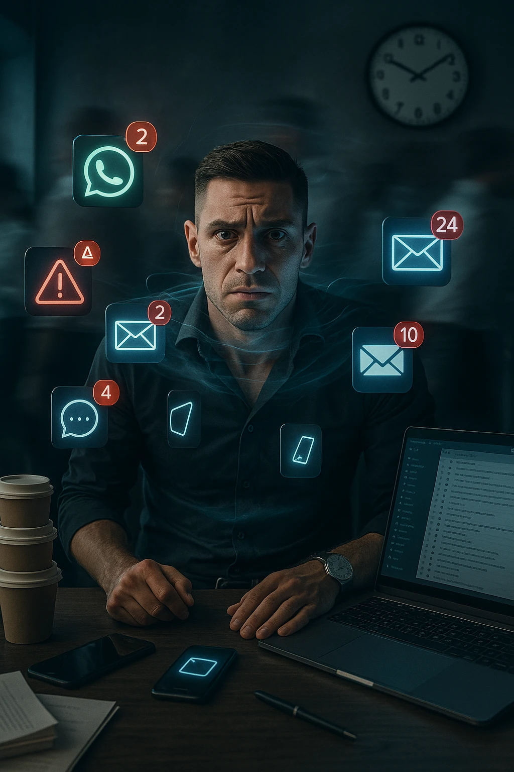 A highly realistic, cinematic portrait of a young man in his early 30s with a tired, tense expression, sitting at his modern office desk surrounded by multiple smartphones with glowing notification bubbles (WhatsApp, emails, alerts) hovering around him like aggressive neon icons. His posture is hunched, shoulders raised, eyes slightly wide, and jaw clenched, representing constant hyper-vigilance and stress. The environment is a cold, cluttered workspace with a laptop displaying endless emails and Slack notifications, coffee cups stacked nearby, and a clock showing late hours, symbolizing the relentless pace of modern work life. Behind him, ghostly blurred figures rush by in a fast-motion effect, representing the constant rush and societal pressure. A faint, tight grey aura wraps around his chest and head, symbolizing blocked breathing and mental tension, while faint blue light tries to push through, representing the body’s desire to find calm. The lighting is harsh and cool, with a 35mm hyperrealistic film style, shallow depth of field focusing on the man’s stressed face and the floating notifications, illustrating the modern trap of always being on alert. emoji