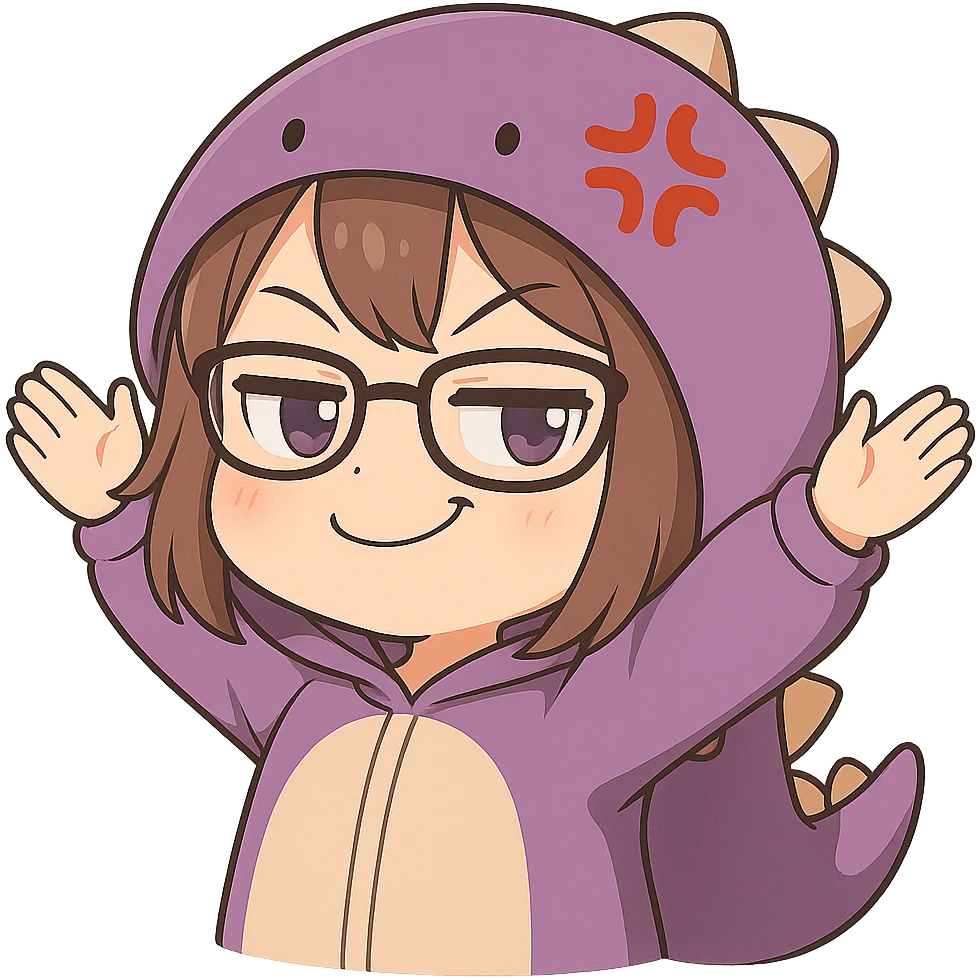 Chibi anime style gamer girl with glasses, brown hair, dark purple eyes, wearing a purple dinosaur costume, new pose with arms up in excitement, making a smug expression, no controller, no background, same style as reference. emoji