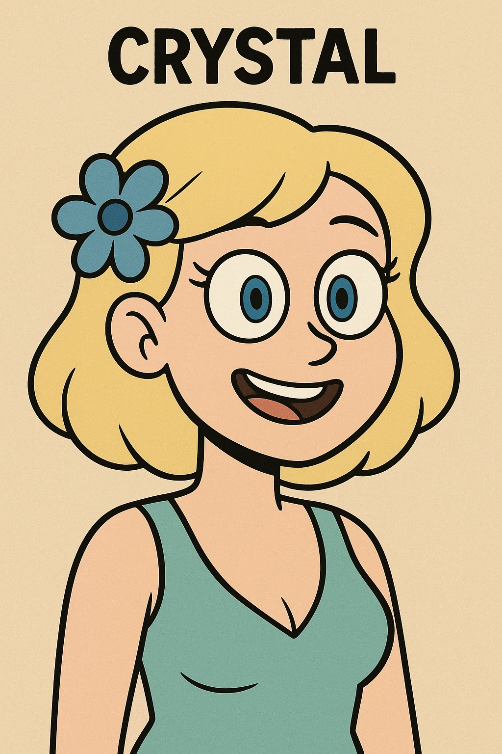 cartoon face of Crystal inspired by the reference image, blonde hair, blue flower accessory, big blue eyes emoji