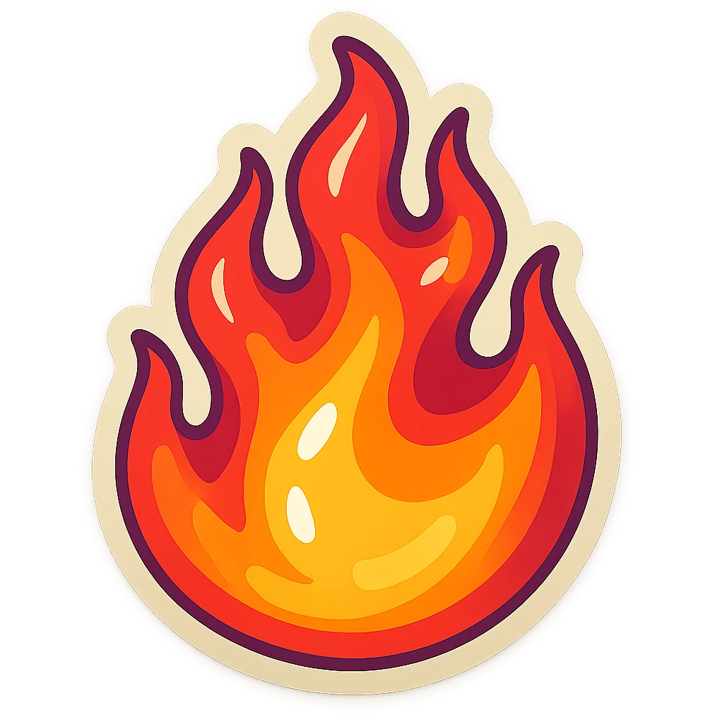 retro sticker style illustration of a juicy, bright, playful flame with bold outlines, expressive shadows, glossy highlights, several flame tongues, volumetric and energetic fire emoji