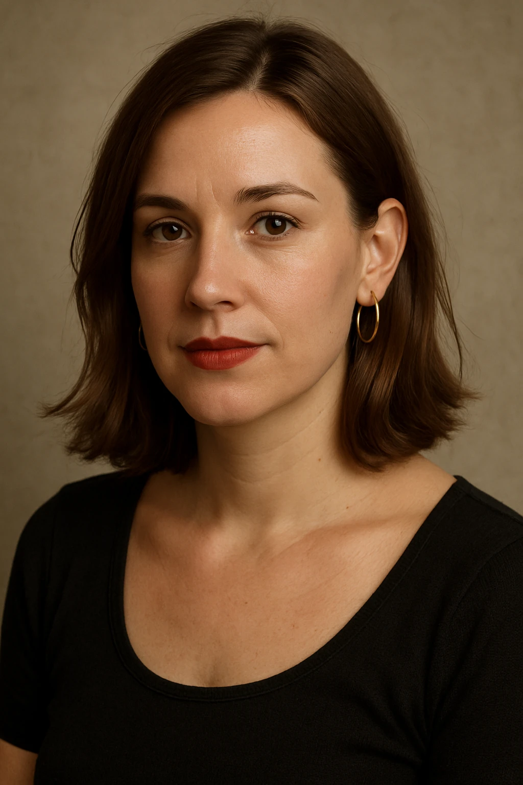 30 year old white woman, shoulder-length hair, brown eyes, left side of hair tucked behind ear, lipstick, hoop earrings, slightly tilted head, upper body portrait emoji
