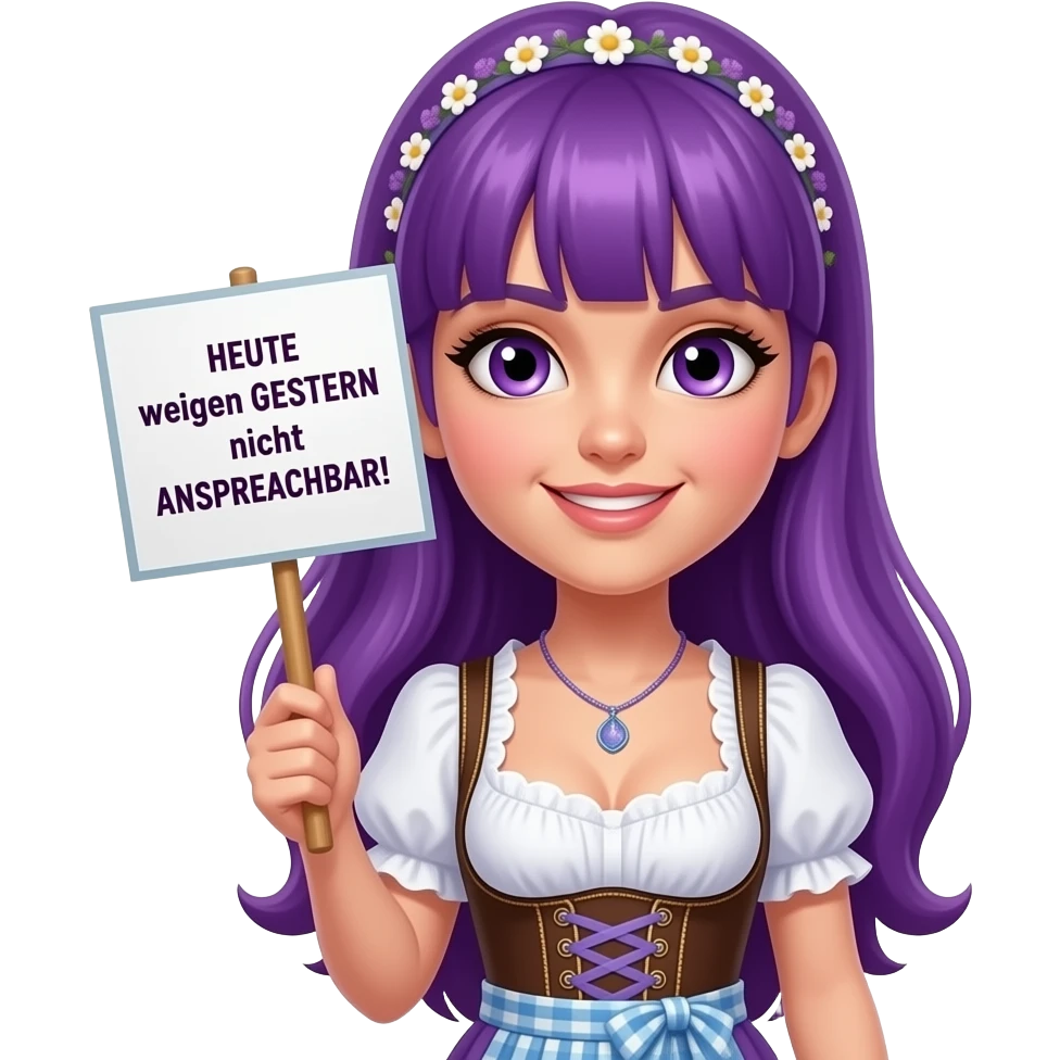 sexy girl with long purple hair and purple eyes wearing a dirndl holding a HEUTE wegen GESTERN nicht ANSPRECHBAR! sign emoji