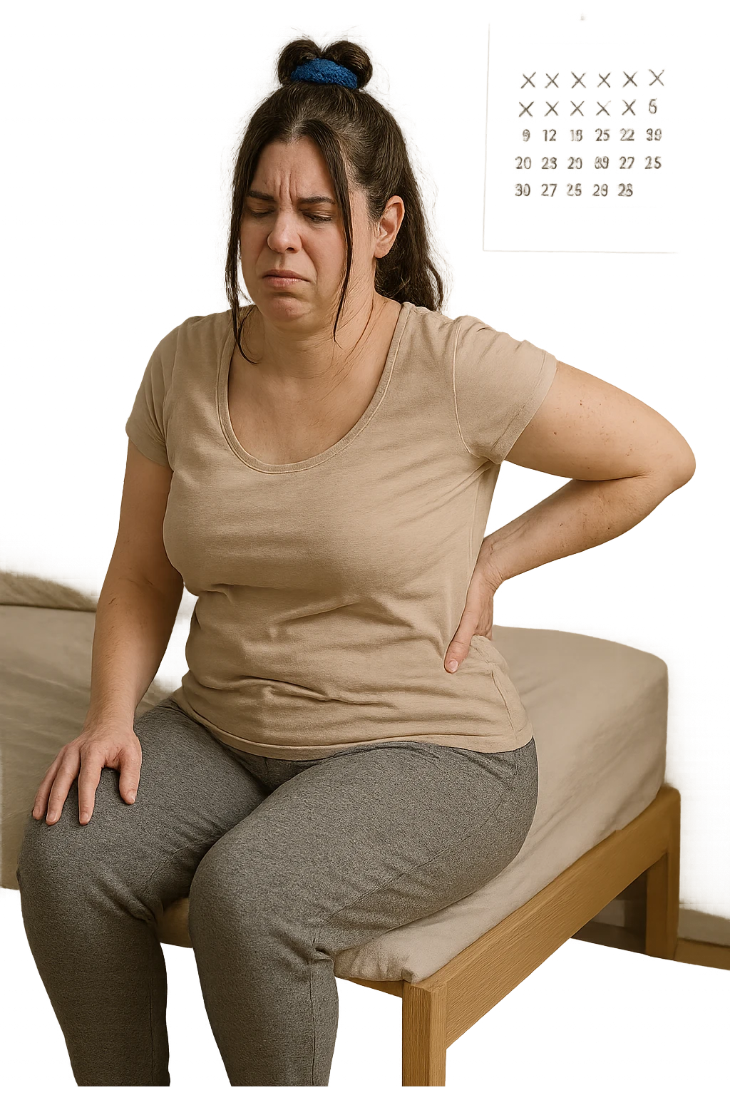 a woman in her 30s sits on the edge of her bed in the morning, holding her lower back with a pained expression. Subtle visual cues, like uneven shoulders or hips, hint at postural asymmetry. The room is softly lit, and a calendar on the wall shows months crossed off, symbolizing chronic pain over the years. emoji