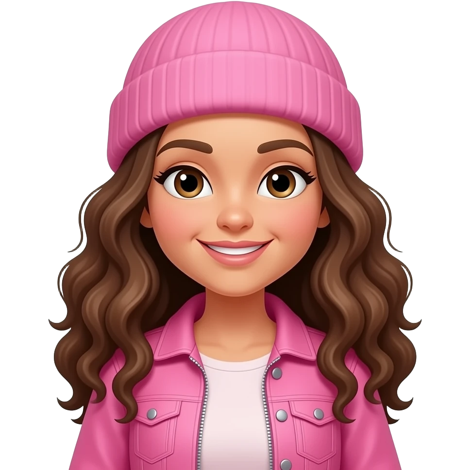 long curly hair and pregnant not smiling,with pink jacket,pink hat emoji