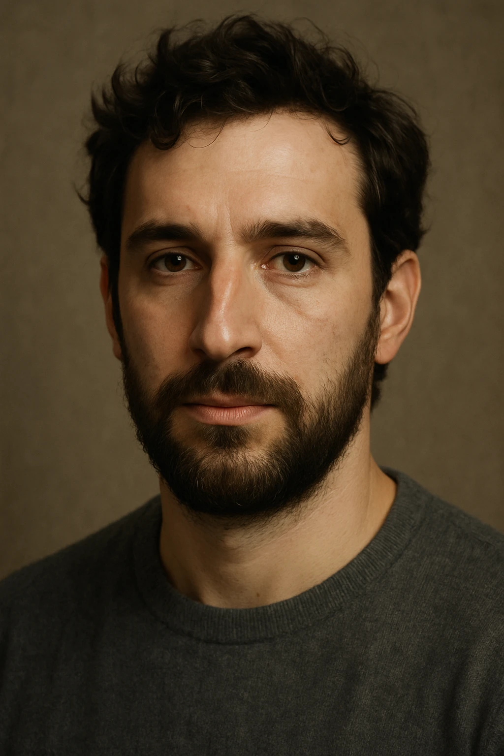 portrait of a handsome white male with dark brown, curly-ish hair, beard, and a large-ish nose emoji