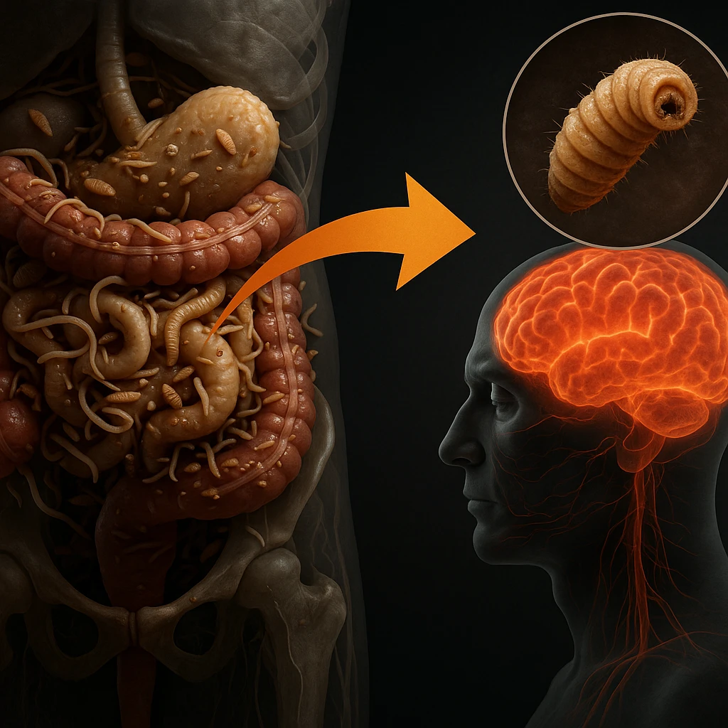 Hyperrealistic 4K medical illustration of a realistic intestine in a similar position to the reference image, infested with numerous parasites including worms and larvae. Enlarged detailed view of a parasite. Medical atmosphere with emphasis on disease and tumor risks. Include an arrow connecting the intestine and brain. emoji