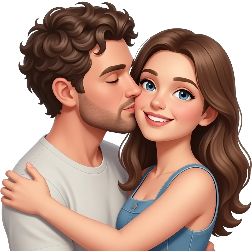 Realistic white man super short curly brown hair with beard kissing passionately and hugging realistic white girl brown hair HD emoji