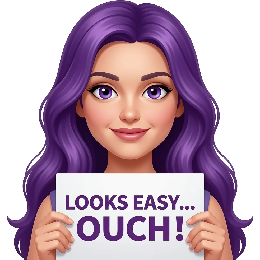 sexy girl with long purple hair and purple eyes holding a LOOKS EASY... OUCH!sign emoji