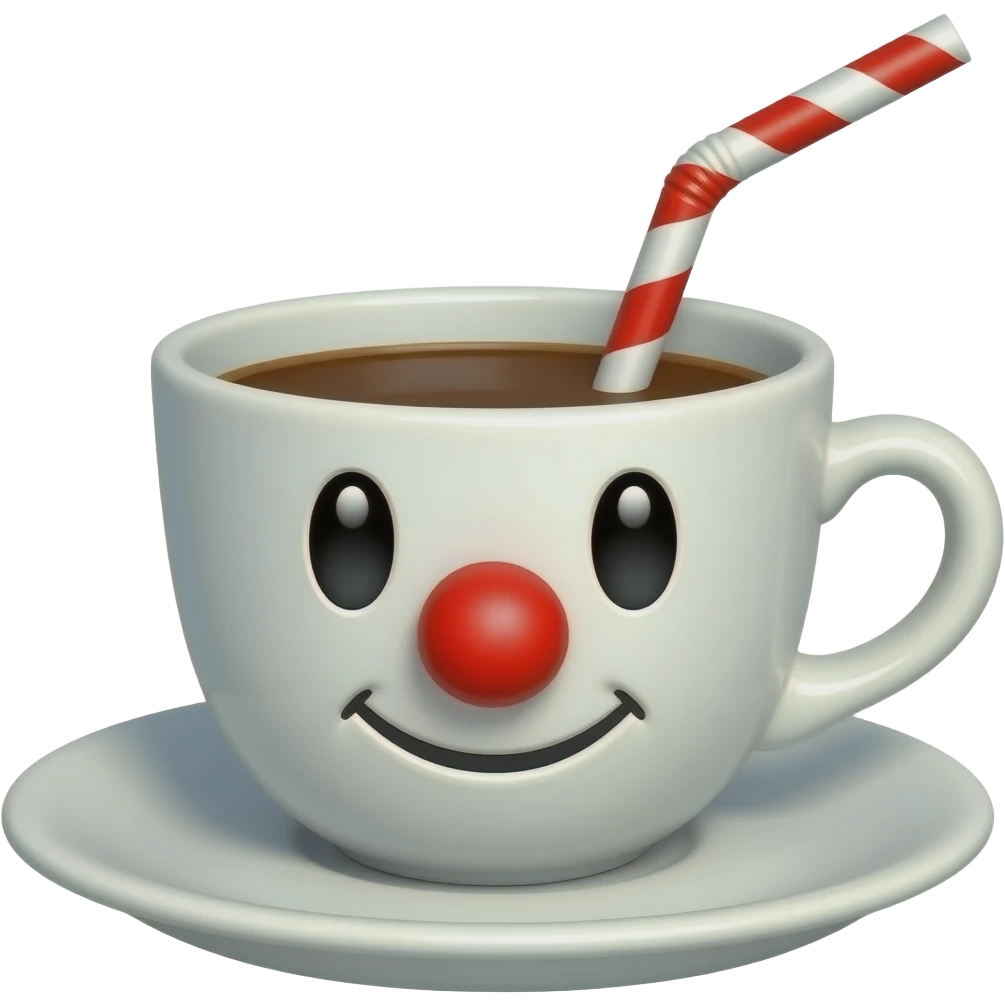 Kupa kafalı bir şey çiz, kırmızı burnu olsun, kırmızı-beyaz pipeti takılı olsun, yüzü olsun, mutlu gözüksün, kafası beyaz olsun, fincan kafalı olsun, kulakları olmasın, kaşları da olmasın, içinde beyaz kahve olsun, kafasında kırmızı-beyaz pipet olsun emoji