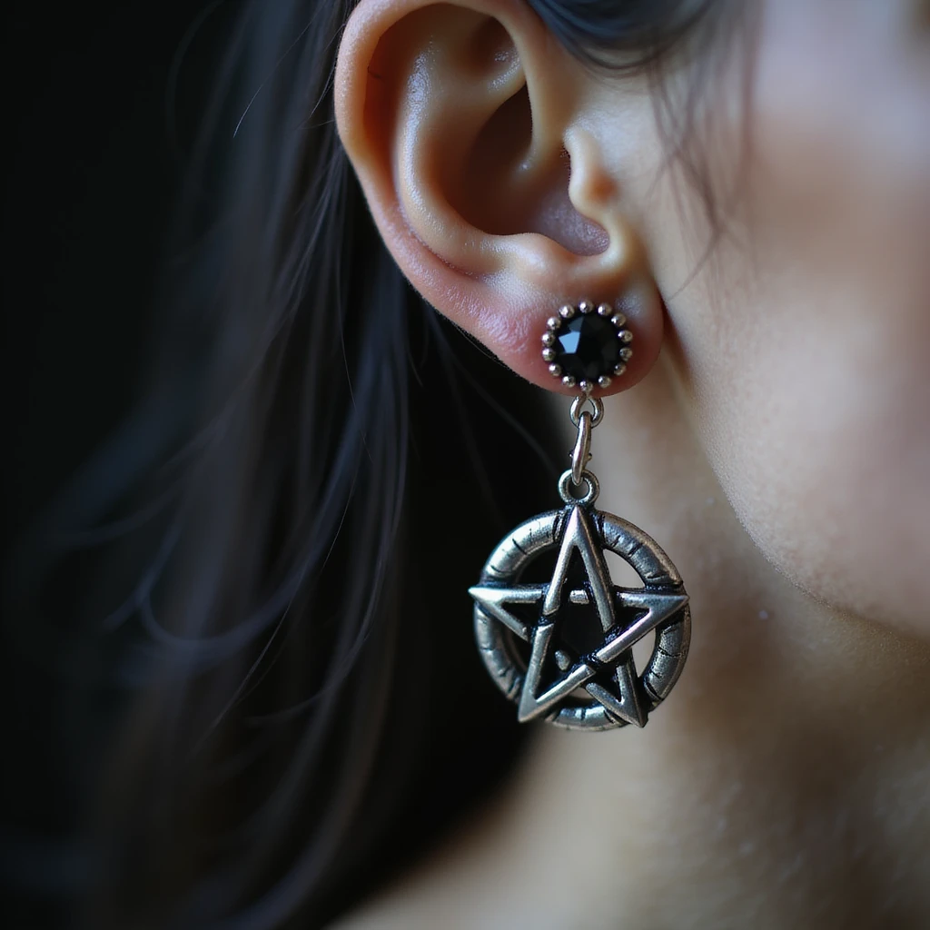 realistic goth earrings, black crystal pentagram, occult gothic, shimmering emoji