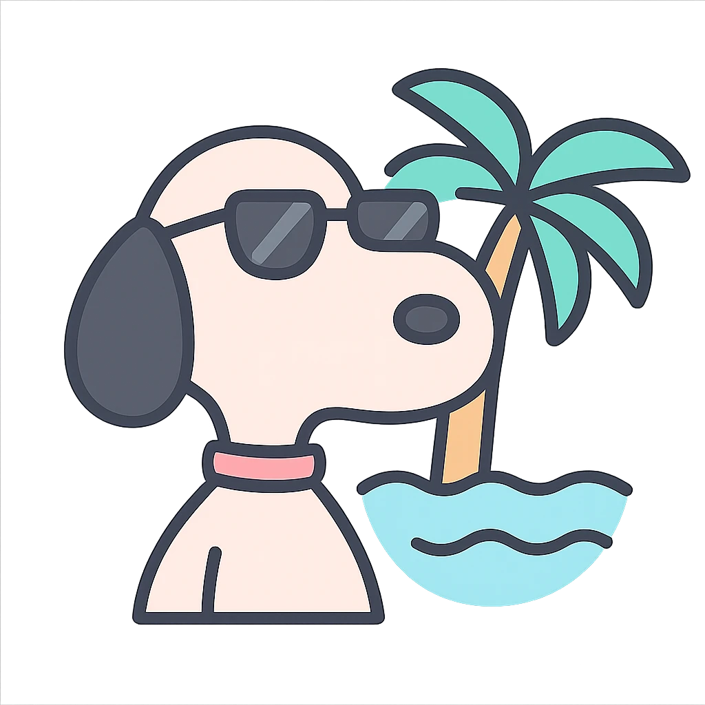 Snoopy, outlined, pastel colors, wearing sunglasses, with a beach background emoji