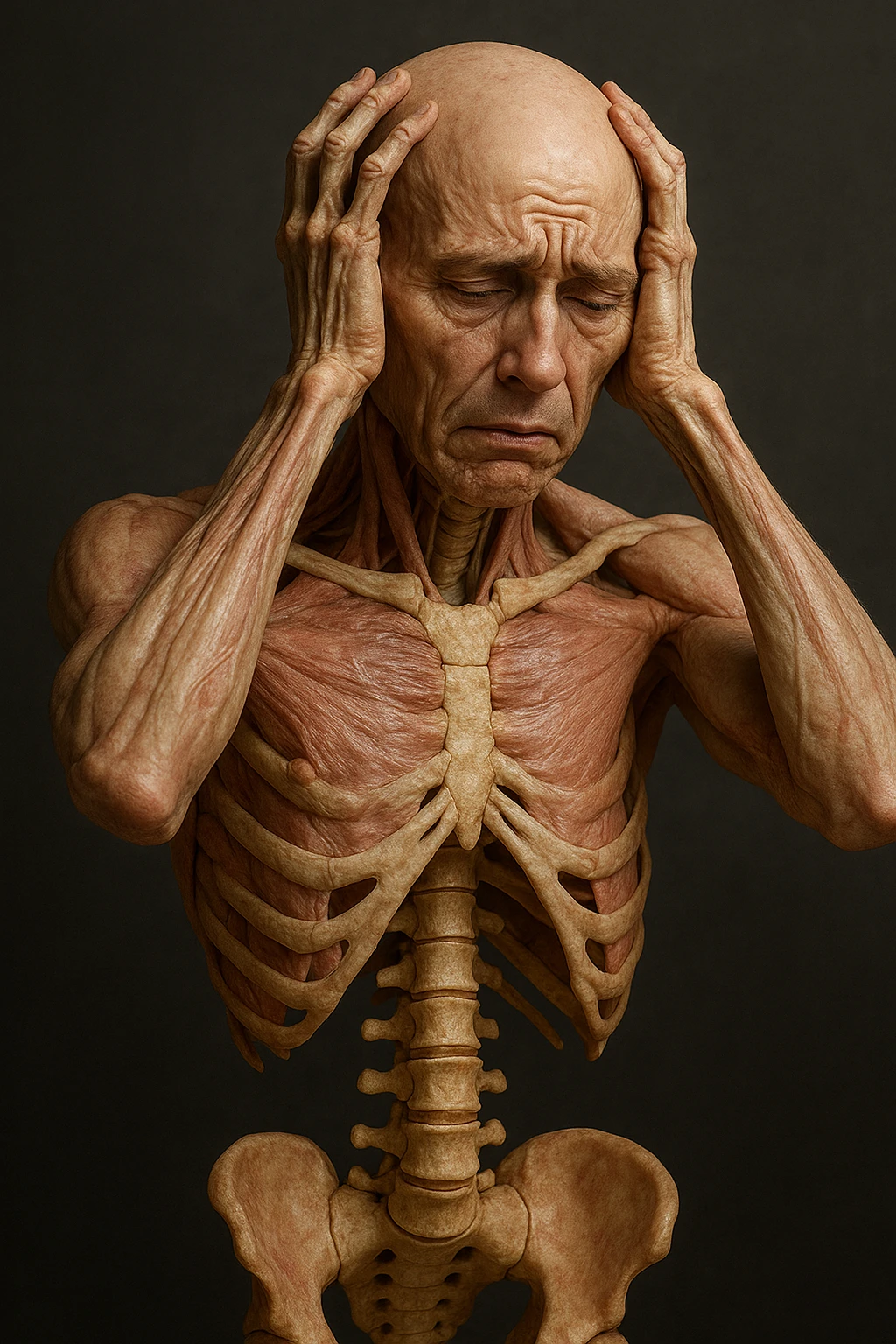 CORPO UMANO ANATOMICO con spina dorsale in evidenza, molto stanca e stressata mentre si tiene le mani sulla testa, IPERREALISTICO 4K emoji