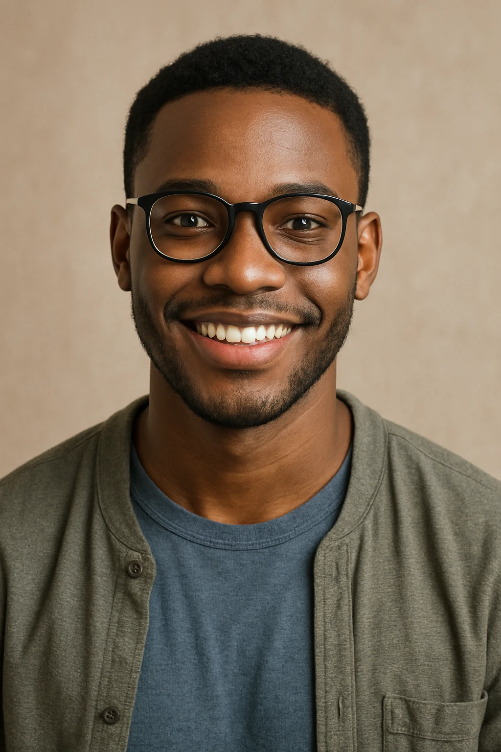 young African man with eye glasses, smiling, casual clothing emoji