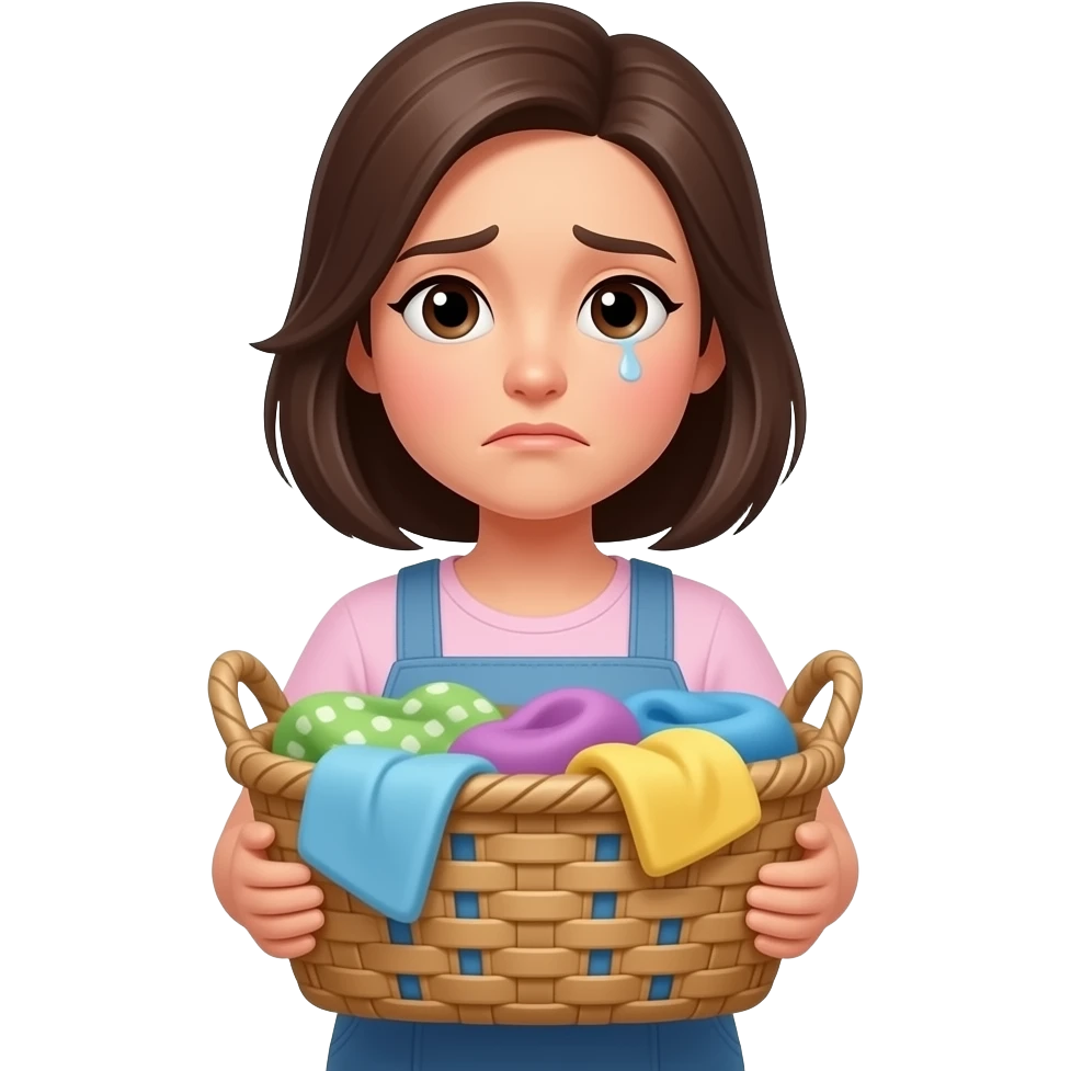 woman holding laundry basket, slightly tired expression, soft eyes, subtle fatigue but still composed, minimalist flat illustration, pastel palette, consistent style, same character design, no background emoji