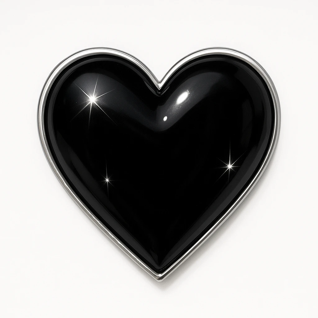 photorealistic black heart with sparkles and silver outline, glossy finish, white clean background emoji