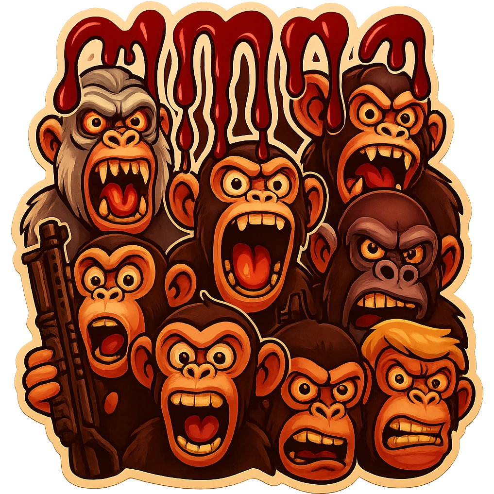 Make the apes look even more psycho and unhinged, with wild eyes, crazed expressions, and exaggerated features. Keep the retro stickers style and the intense, chaotic vibe. emoji
