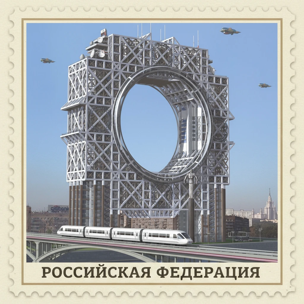 Стилизуй изображение здания под марку как на первом фото

100 из правого верхнего угла убери и герб СССР из левого верхнего угла убери emoji