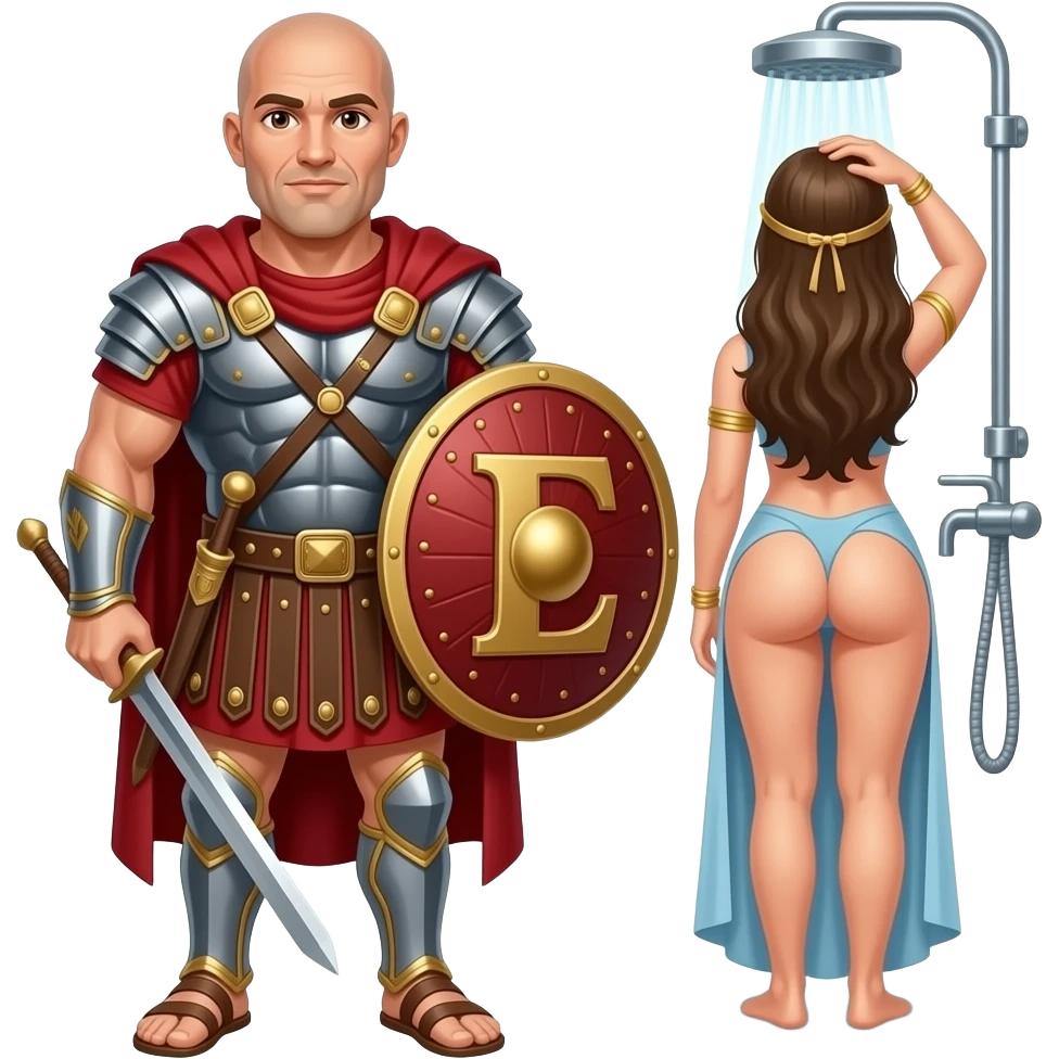 Muscular Roman soldier bald with brown eyes the Letter E on the shield with empress in shower facing away bare bum emoji