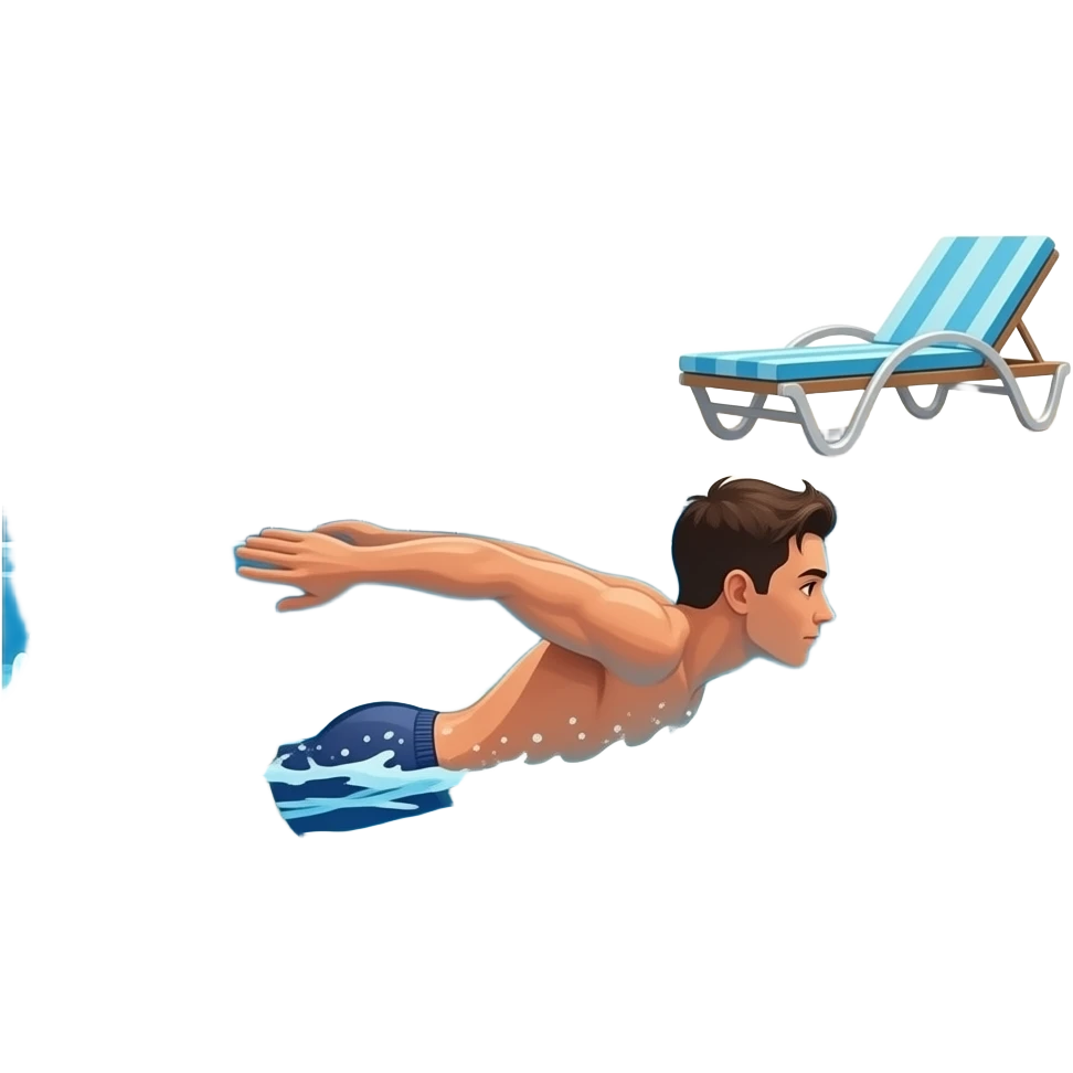 swimming in the pool, full body, side view, with background emoji
