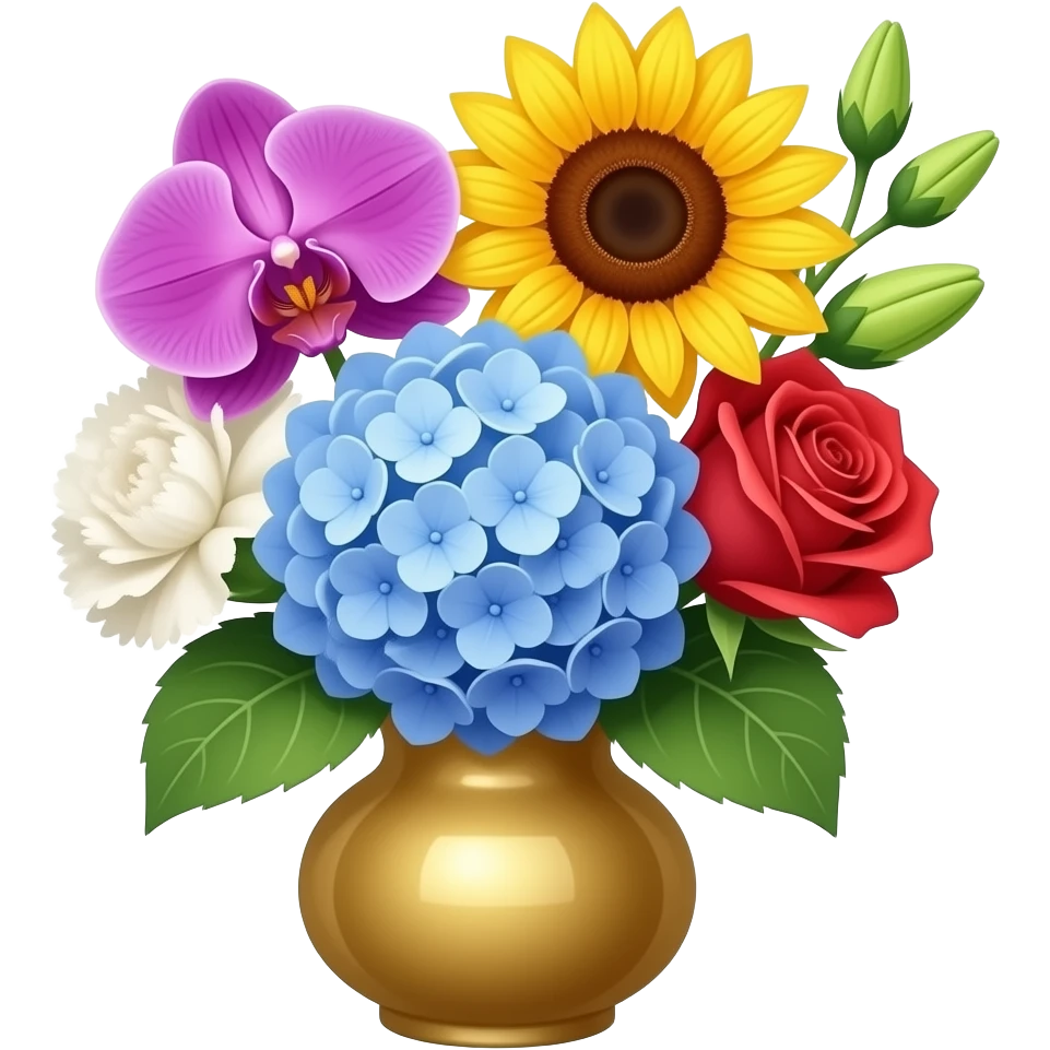 a bunch of flowers in a gold vase with a purple orchid, a white carnation, a blue hydrangea, a red rose, a sunflower and a lily emoji