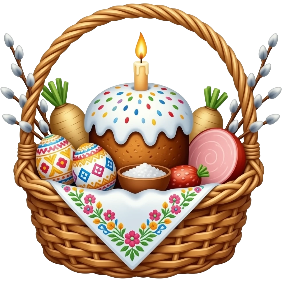 Detailed Traditional Ukrainian Easter Basket  emoji icon, 3D style. Wicker basket with embroidered napkin containing: Paska bread with lit candle, Pysanky (patterned) eggs, Krashanky (solid) eggs, ham, sausage, horseradish root, salt bowl, and willow twigs. emoji