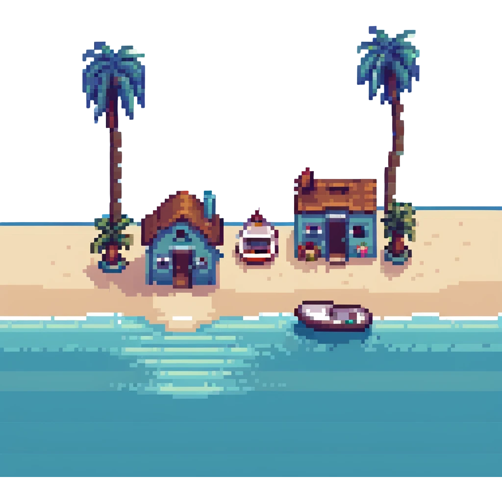 small cozy house by the sea in a coastal village, pixel art emoji style, 32x32, bright colors, blue ocean, sandy shore, a few palm trees or boats in the background emoji