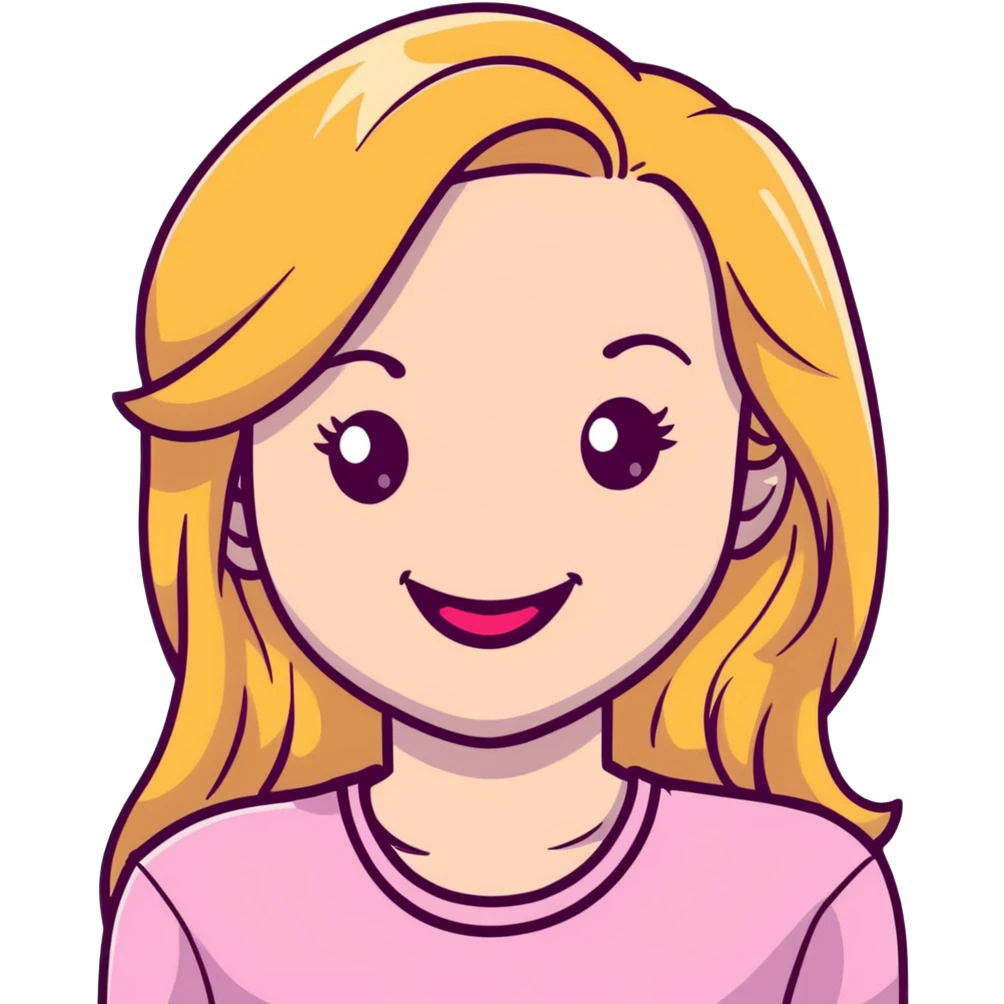 Young girl with pale skin, full pink lips smiling, blonde reddish long hair, big brown eyes with a hint of green, big mouth emoji