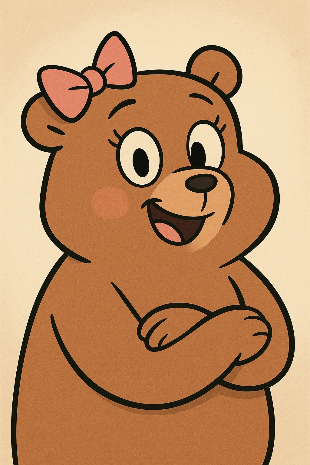 adorable cartoon bear with a pink bow on one ear, simple cheerful style emoji