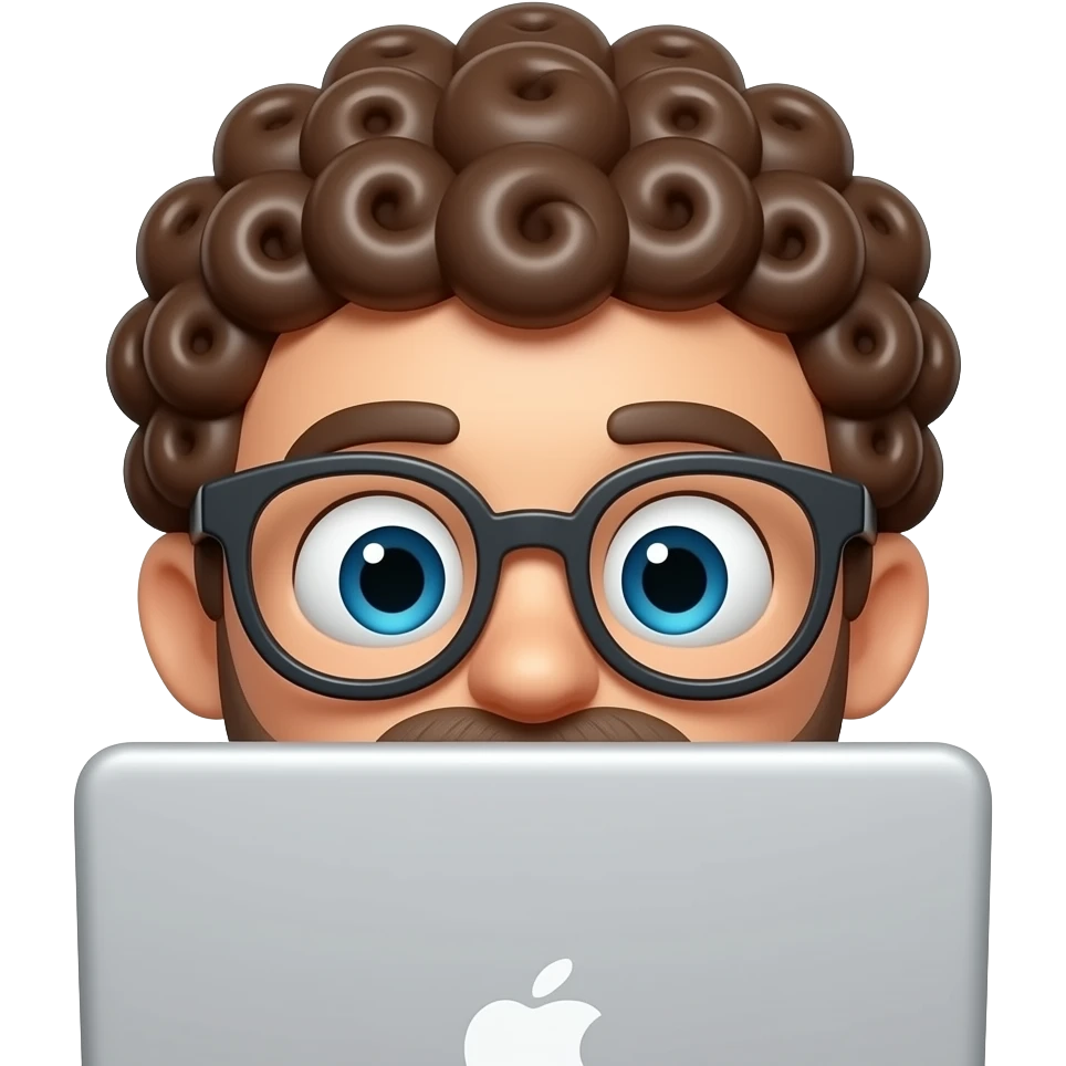 3D emoji-style male character with curly hair and big glasses, eyes wide, peeking over a laptop, emoji
