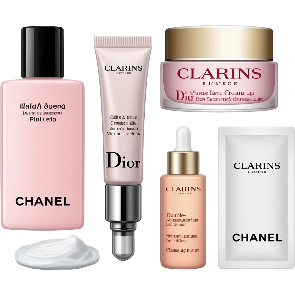 Chanel Pink Lotion, Dior Eye Cream, Dior Face Cream, Clarins Double-Action Serum, and Chanel Cleansing Milk, along with a sheet mask, are neatly arranged—though the arrangement is a bit messy. emoji