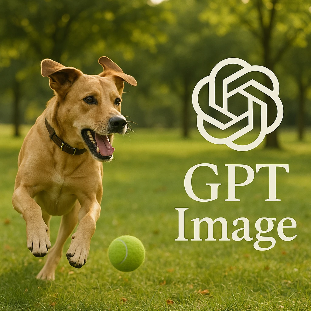  logo of chat gpt with text "GPT Image" on the background of a dog chasing ball, realistic image emoji