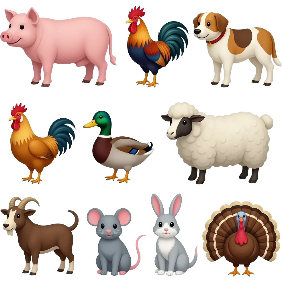 Cow, pig, rooster, dog, duck, cat, chicken, sheep, goat, mouse, rabbit, and a turkey emoji