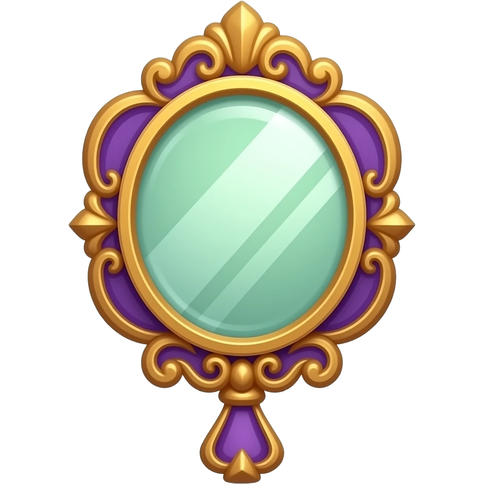 The Mirror (🪞): “Ornate hand mirror in shimmering purple and gold frame, reflecting soft green light, reflective mystical icon, flat vector with subtle glow” emoji