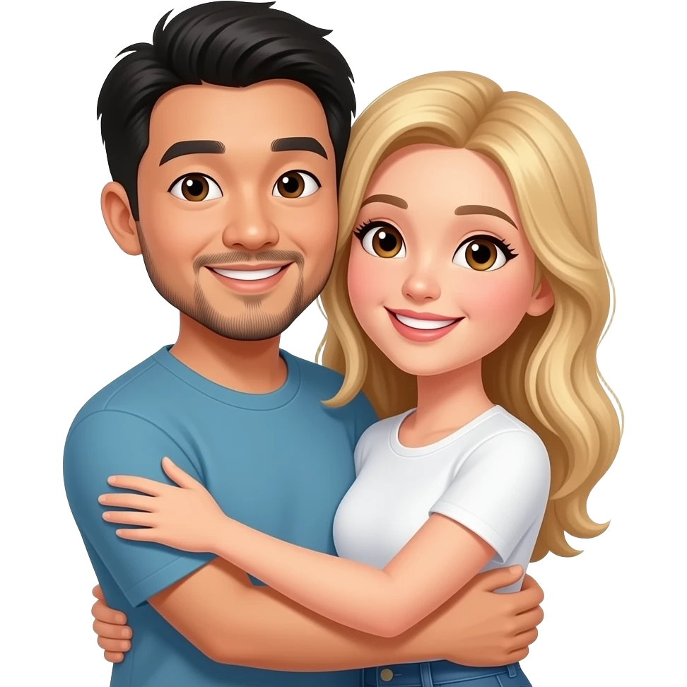 asian men with a goatee and white woman with blond hair brown eye hug emoji