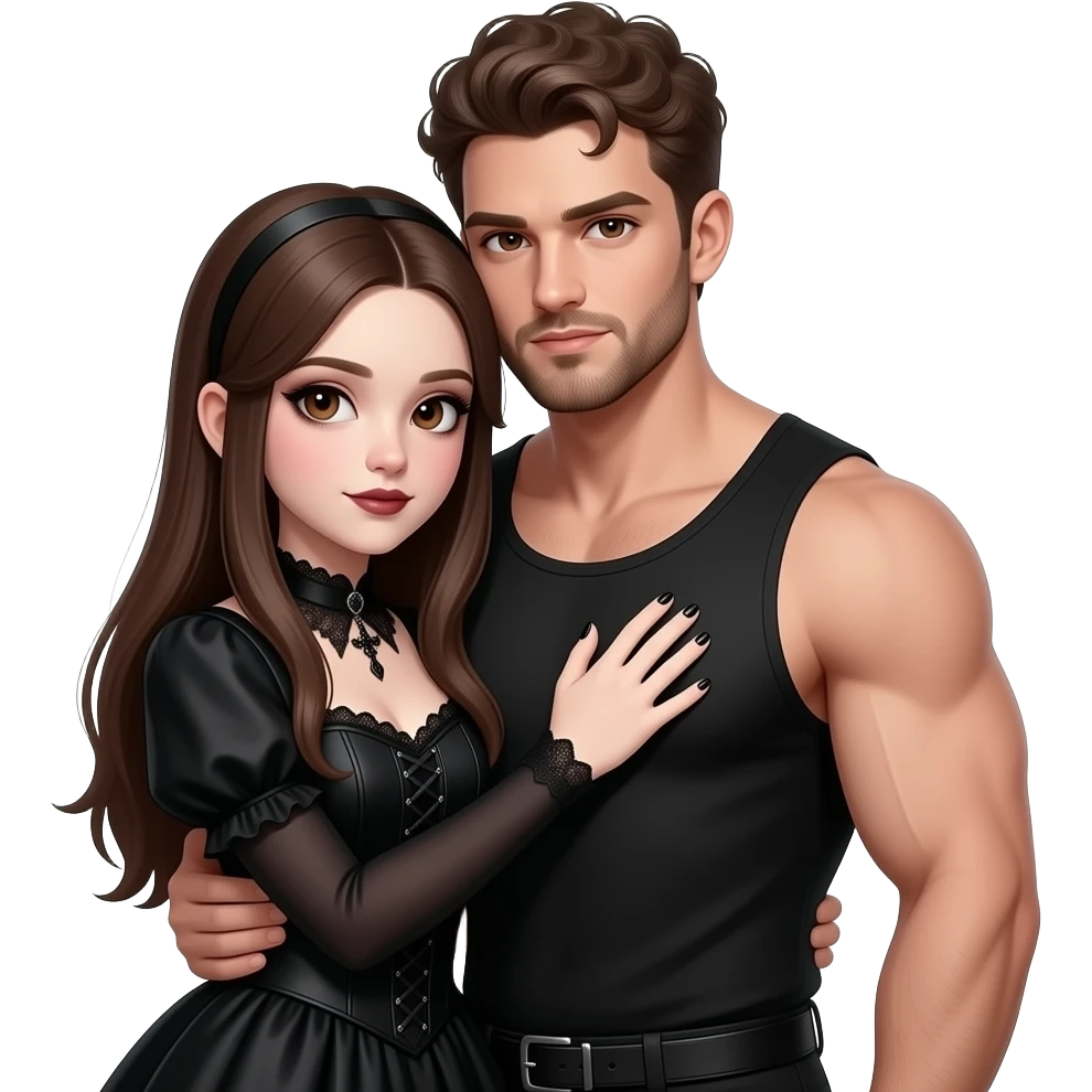realistic pretty pale skin long straight brown hair girl brown eyes long face wearing gothic dress and gothic makeup HD and her muscular man short brown curly hair and beard hugging emoji